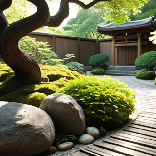 Home 11 **
A serene Japanese garden with lush greenery, vibrant flowers, and a winding stone path. In the foreground, a delicate wood sculpture inspired by a tree branch captures the wind's force and the bark's fragility. Soft, diffused sunlight filters through the trees, highlighting the artwork's natural beauty.
**