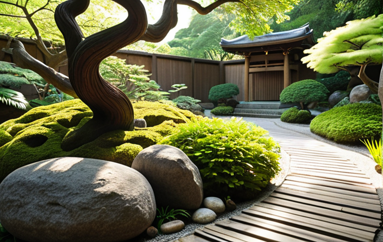 **
A serene Japanese garden with lush greenery, vibrant flowers, and a winding stone path. In the foreground, a delicate wood sculpture inspired by a tree branch captures the wind's force and the bark's fragility. Soft, diffused sunlight filters through the trees, highlighting the artwork's natural beauty.
**