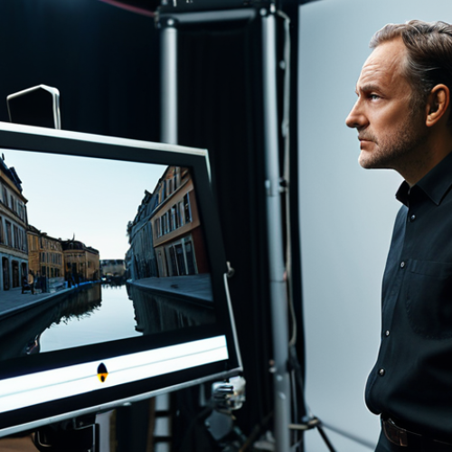 Home 6 A professional male film director, embodying a thoughtful and intuitive demeanor, dressed in a modest yet stylish black collared shirt and dark trousers, stands on a modern film set. He is intently looking at a large production monitor, his expression focused and insightful, reflecting a blend of an actor's understanding and a director's comprehensive vision. In the soft-focused background, subtle film equipment and crew members are visible, suggesting an active, professional set. The lighting is balanced and clean, creating an atmosphere of creative work. perfect anatomy, correct proportions, natural pose, well-formed hands, proper finger count, natural body proportions, safe for work, appropriate content, fully clothed, professional dress, high quality professional photography.