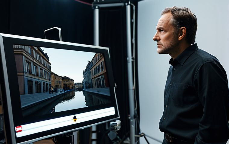 A professional male film director, embodying a thoughtful and intuitive demeanor, dressed in a modest yet stylish black collared shirt and dark trousers, stands on a modern film set. He is intently looking at a large production monitor, his expression focused and insightful, reflecting a blend of an actor's understanding and a director's comprehensive vision. In the soft-focused background, subtle film equipment and crew members are visible, suggesting an active, professional set. The lighting is balanced and clean, creating an atmosphere of creative work. perfect anatomy, correct proportions, natural pose, well-formed hands, proper finger count, natural body proportions, safe for work, appropriate content, fully clothed, professional dress, high quality professional photography.