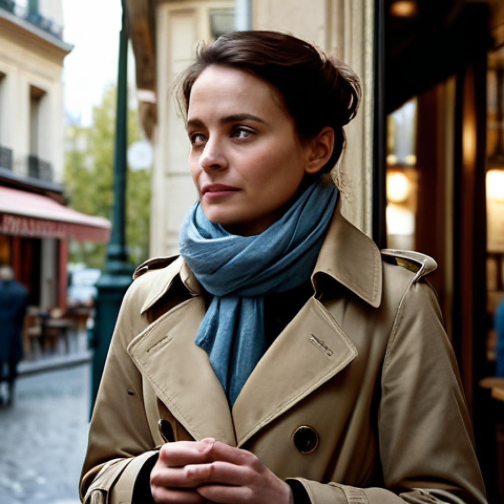A Modern Drama Scene**
"A professional actress, fully clothed in a stylish, modest trench coat and scarf, stands in a softly lit Parisian cafe, appropriate attire, safe for work. The scene captures a moment of reflection, with subtle sadness in her expression. Perfect anatomy, correct proportions, natural pose, well-formed hands, proper finger count, natural body proportions. Soft, cinematic lighting. Family-friendly, professional, high quality."
**