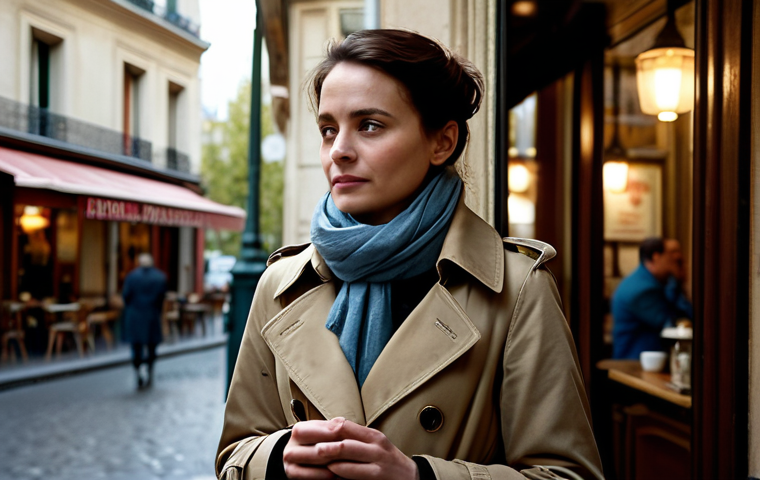 A Modern Drama Scene**
"A professional actress, fully clothed in a stylish, modest trench coat and scarf, stands in a softly lit Parisian cafe, appropriate attire, safe for work. The scene captures a moment of reflection, with subtle sadness in her expression. Perfect anatomy, correct proportions, natural pose, well-formed hands, proper finger count, natural body proportions. Soft, cinematic lighting. Family-friendly, professional, high quality."
**