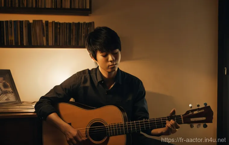 스다 마사키 음악 활동 - A focused, intimate portrait of a young man, resembling Masaki Suda, in a dimly lit, cozy home studi...