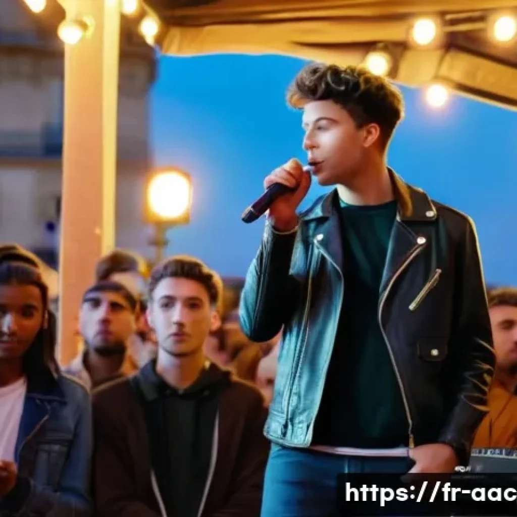 하마다 가쿠 데뷔 배경 - A young male artist in his early 20s standing confidently on a small stage during a local music fest...
