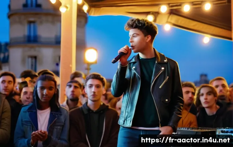 하마다 가쿠 데뷔 배경 - A young male artist in his early 20s standing confidently on a small stage during a local music fest...