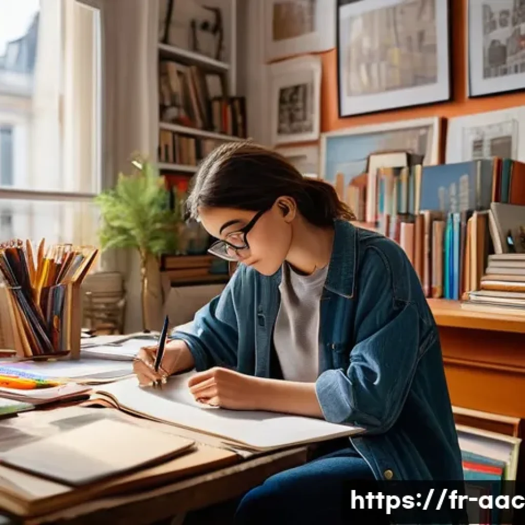 아카사카 유이 배경 이야기 - A young female artist in her cozy Parisian studio, surrounded by books, music instruments, and color...