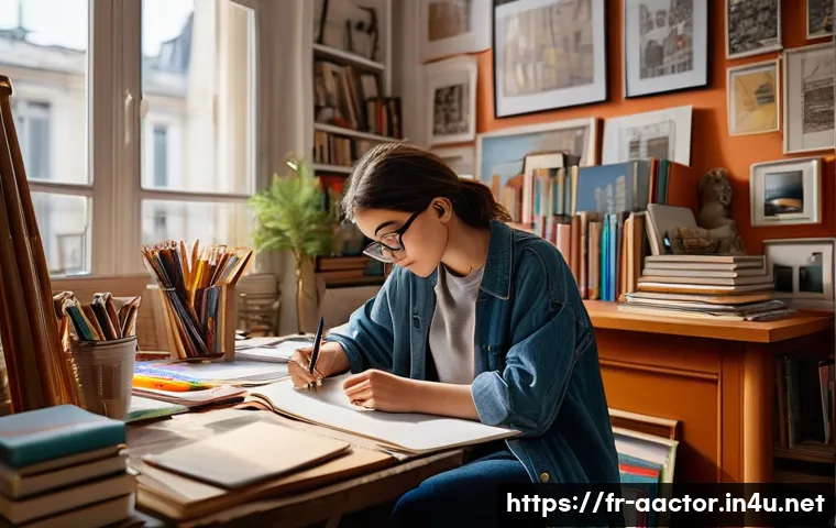 아카사카 유이 배경 이야기 - A young female artist in her cozy Parisian studio, surrounded by books, music instruments, and color...
