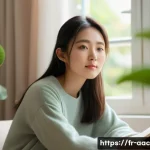 타카하시 아야코 성격 분석 - A serene young Japanese woman wearing a simple, elegant outfit with soft pastel colors, sitting calm...