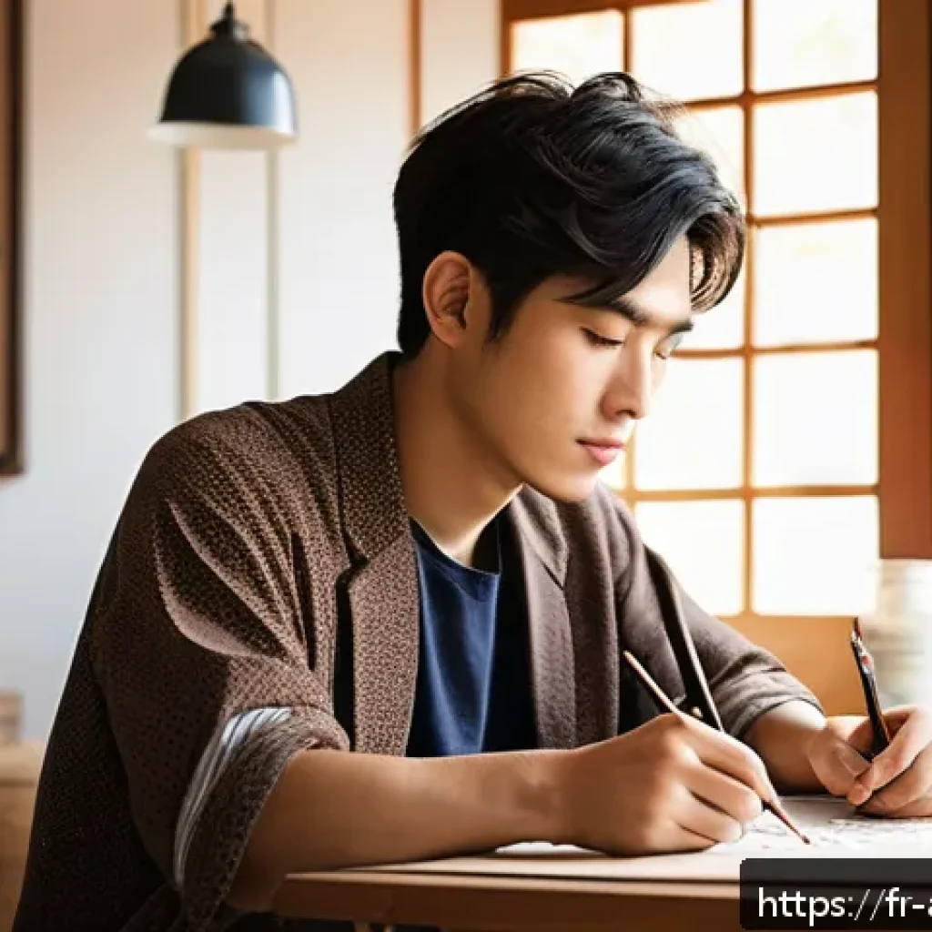 후쿠시 소타 인터뷰 정리 - A young creative Japanese man in his early twenties, wearing casual modern clothing with subtle trad...