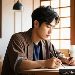 후쿠시 소타 인터뷰 정리 - A young creative Japanese man in his early twenties, wearing casual modern clothing with subtle trad...