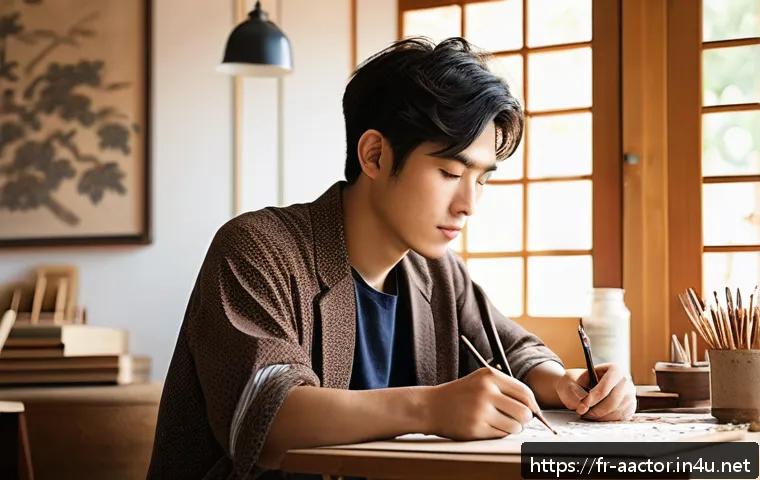 후쿠시 소타 인터뷰 정리 - A young creative Japanese man in his early twenties, wearing casual modern clothing with subtle trad...