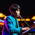 나카무라 토모야 해외 활동 - A dynamic live concert scene in Paris featuring a Japanese musician blending traditional rhythms wit...