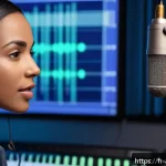 오가타 메구미 목소리 연기 - A professional female voice actress recording in a modern sound studio, wearing casual clothing and ...
