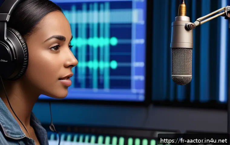 오가타 메구미 목소리 연기 - A professional female voice actress recording in a modern sound studio, wearing casual clothing and ...