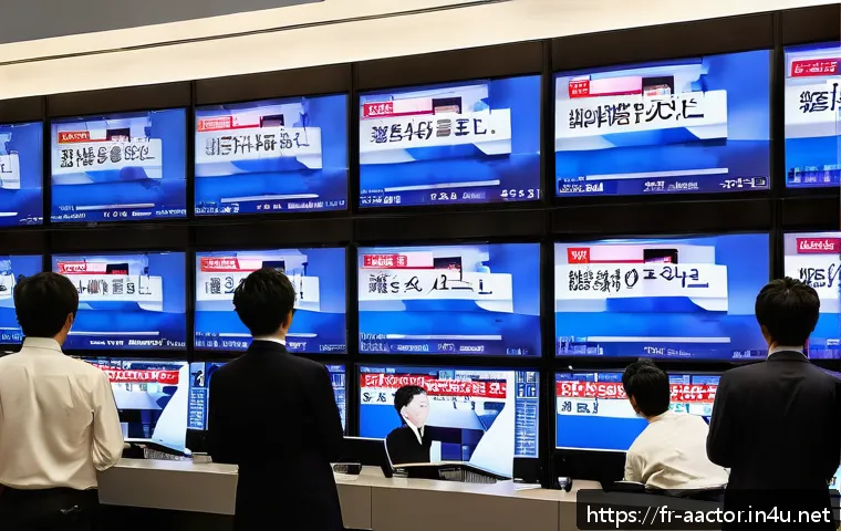 히가시데 마사히로 스캔들 - A dramatic newsroom scene in Tokyo with multiple large screens showing breaking news headlines about...